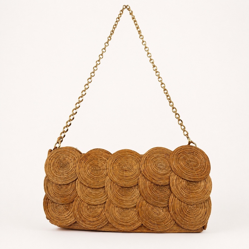Vintage Woven Straw Coil Handbag Gold Chain Strap Copper Brown Boho Clutch Bag